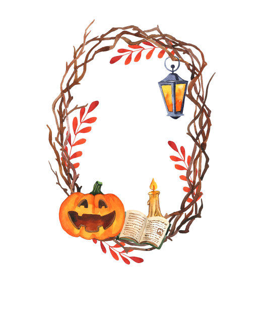 可怕的南瓜，手电筒，蜡烛，魔法书。万圣节元素。秋花环，编织枝头。水彩插图。图片下载