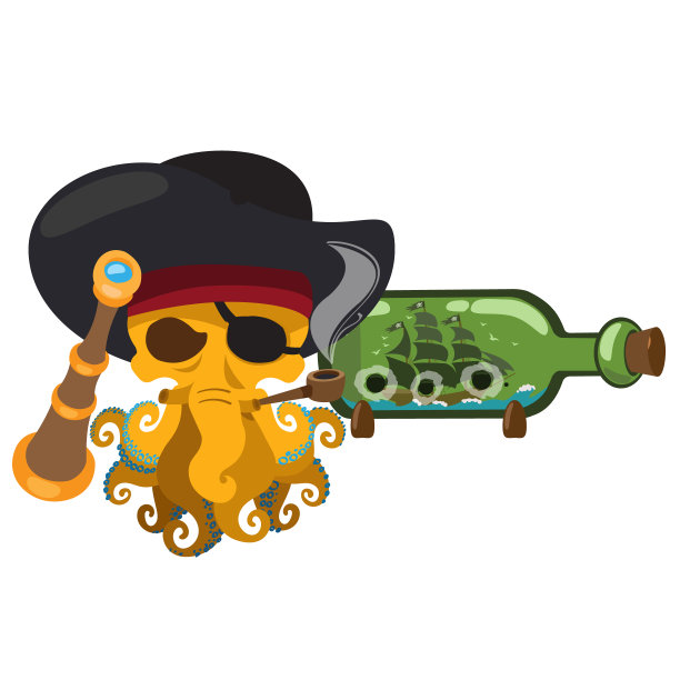 章鱼海盗，瓶子里的船。图形海盗主题。图片下载