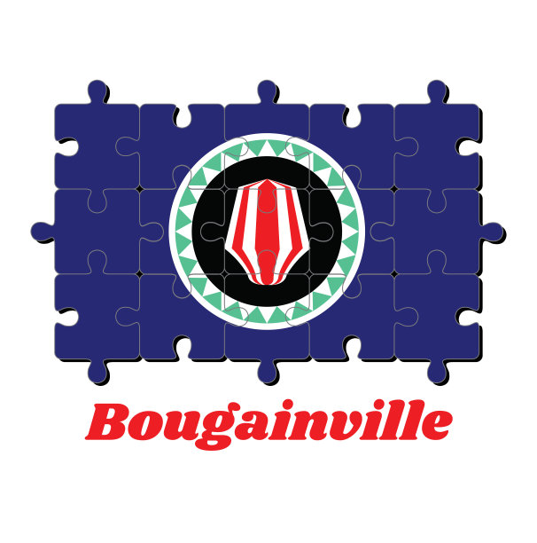 布干维尔旗和名字的拼图，红色和白色的头饰叠加在绿色和白色的kapkap上，在钴蓝色的土地上。实现的概念。图片下载