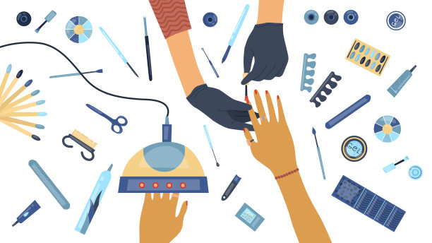 手的美甲师进行美甲和她的客户或客户周围的工具和化妆品指甲护理，俯视图。美容院。彩色矢量插图在平面卡通风格图片下载