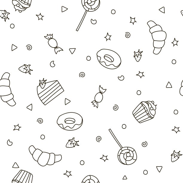 手绘糖果和糖果图案。向量的涂鸦。白色背景上孤立的食物。无缝纹理。纸杯蛋糕、蛋糕、甜甜圈等。黑色和白色。图片下载