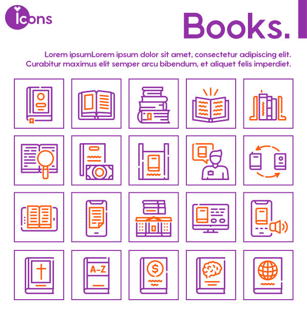 书籍阅读颜色线性向量图标集图片下载