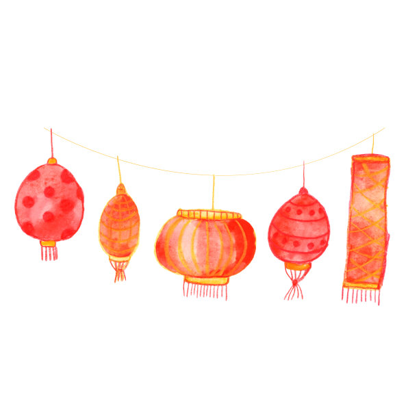 用红色和黄色传统纸制作的中国灯笼。带有东方隔离元素的集合。手绘水彩和彩色铅笔。2020年中国新年。用于贺卡、印刷品和设计。图片下载