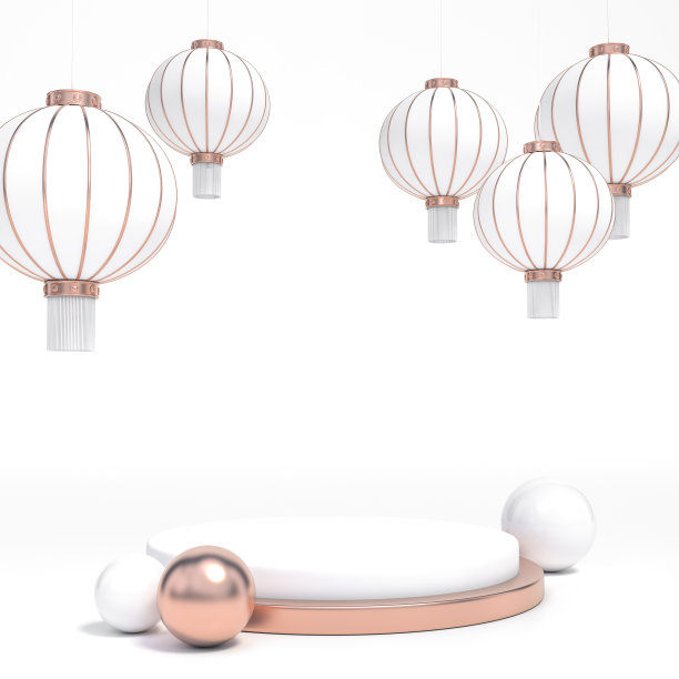 玫瑰金色和白色的中国灯笼与领奖台展示站在白色背景的3d渲染。3d插图祝福幸福，繁荣和长寿。中国新年节日的概念。图片下载