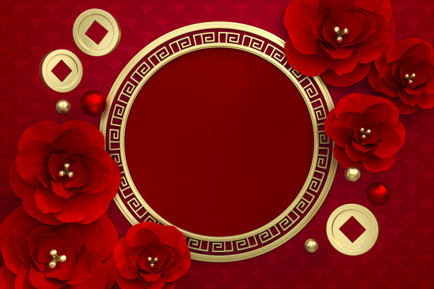 红色梅花，中国金币，红色背景3d渲染免费问候空间。3d插图祝福幸福，繁荣和长寿。中国新年的节日。图片下载