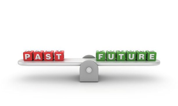 跷跷板过去的未来流行语立方体- 3D渲染图片下载