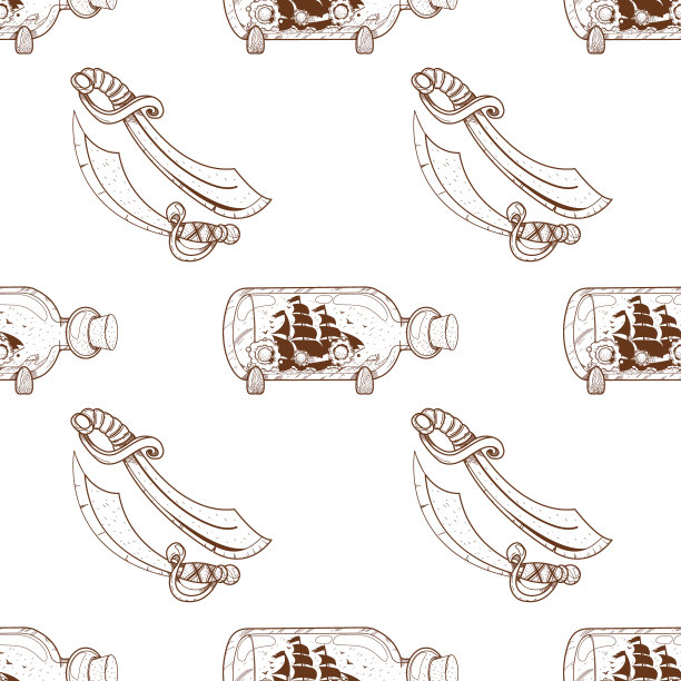 无缝图案设计水面船与一个玻璃瓶图片下载