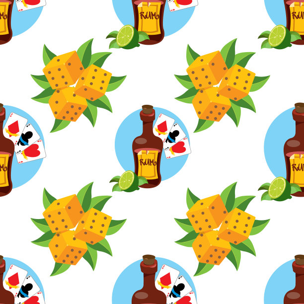 无缝图案的设计表面海盗主题。一瓶朗姆酒和扑克牌图片下载