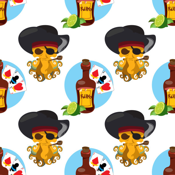 无缝图案的设计表面海盗主题。一瓶朗姆酒和扑克牌图片下载