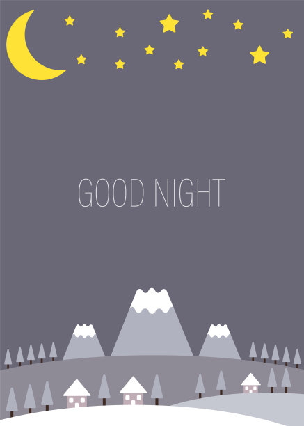 树，房子，月亮，星星和山的框架。矢量图，晚安图片下载