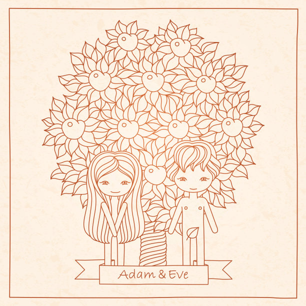 《圣经》中亚当和夏娃的场景。纹理的纸。图片下载