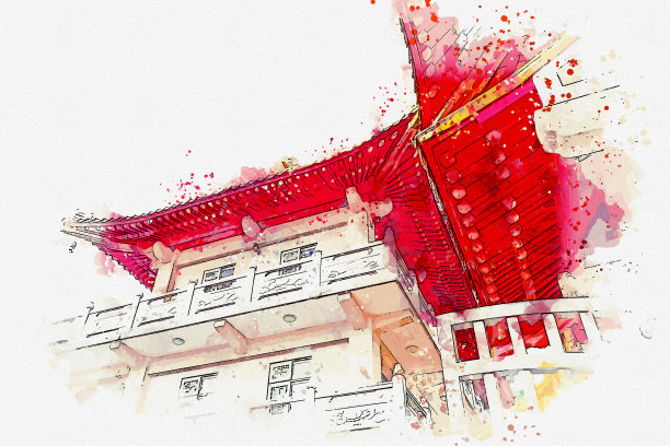 水彩绘画金山寺，位于中国台湾基隆九份的著名寺庙图片下载