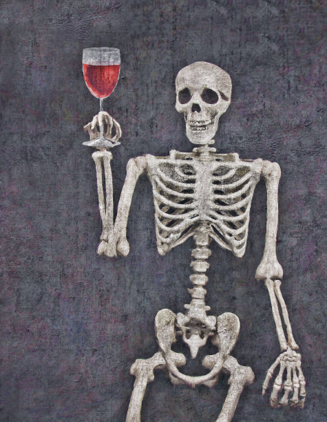骷髅举起一个带有纹理背景的葡萄酒杯插图图片下载