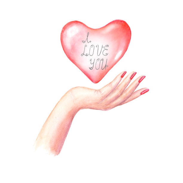 美丽的女人的手与红色的指甲与红色的心孤立在白色的背景素材图片