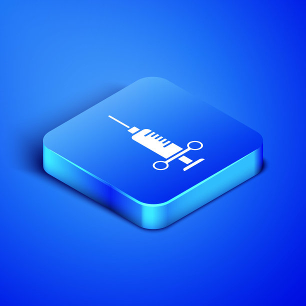 等距牙科医疗注射器，蓝色背景上有孤立的针形图标。蓝色方块按钮。矢量图图片下载