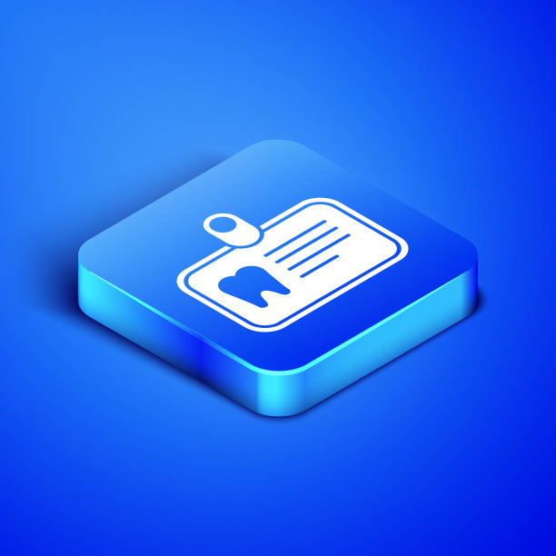 等距Id卡与牙齿图标隔离在蓝色背景。蓝色方块按钮。矢量图图片下载