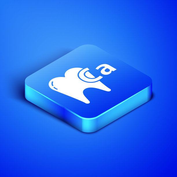 等距钙牙齿图标孤立在蓝色背景。牙科诊所或牙科医疗中心的牙齿符号。蓝色方块按钮。矢量图图片下载