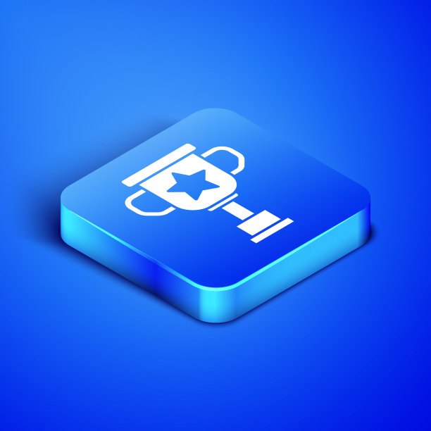 等距奖杯图标孤立在蓝色背景。冠军奖杯的象征。冠军或比赛奖杯。体育成就的迹象。蓝色方块按钮。矢量图图片下载