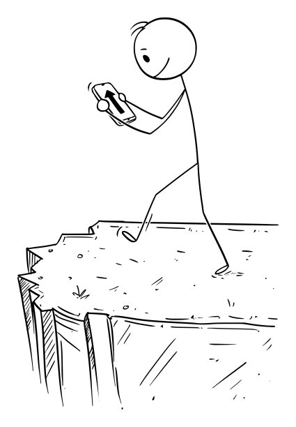 人使用智能手机上的导航应用程序的矢量卡通插图。盲目地跟随通往坠落悬崖的路线。图片下载