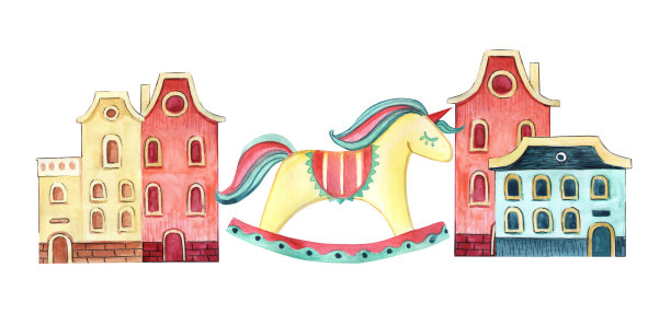 马摇晃。房子水彩插图。孩子们的。摇摆马水彩画。孩子们的玩具。图片下载