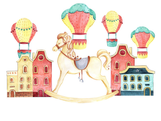 马摇晃。房屋。气球水彩。插图的儿童。摇摆马水彩画。孩子们的玩具。素材图片