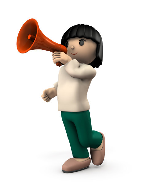 一个拿着手持麦克风的女孩。她在呼吁什么。白色背景。三维演示图片下载