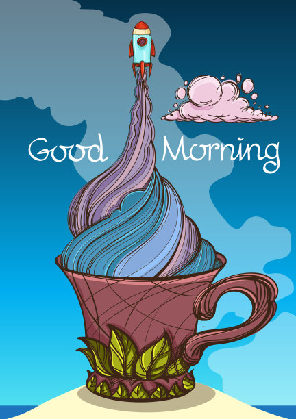 一幅宇宙飞船素描和一杯咖啡，茶或热巧克力。超现实主义插画的空间主题设计为t恤和各种物品和礼品图片下载