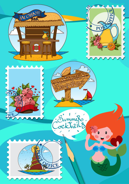 一套插图与图像的夏季酒吧在海滩上，热带岛屿，冰淇淋和水果图片下载