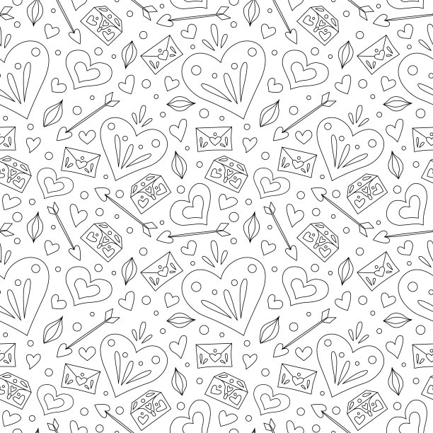 无缝的情人节模式。背景为包装纸，卡片，问候，新闻墙。涂鸦风格。大纲。颜色背景素材图片