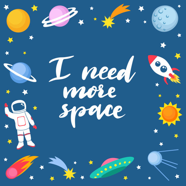 我需要更多的空间字母引用在可爱的彩色背景模板与太空火星、恒星、行星、ufo、火箭、宇宙飞船、卫星和彗星在黑暗的背景。图片下载