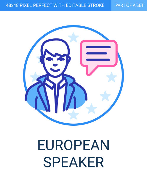 以欧洲语为母语的图标在平面轮廓风格的白色背景。图片下载