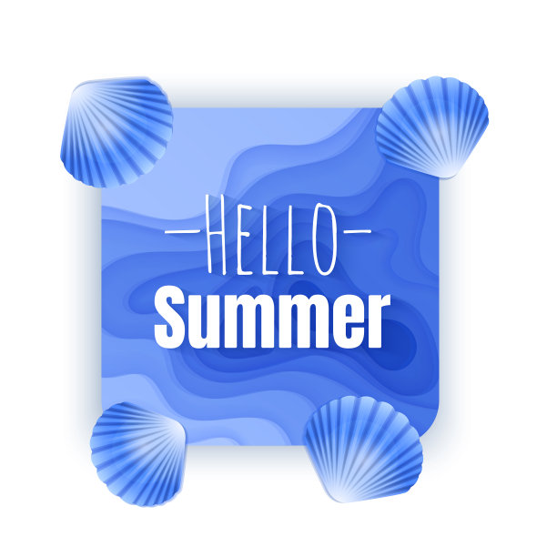 你好夏季横幅，插图卡与背景与深蓝色纸切割形状，夏季派对背景模板贺卡图片下载