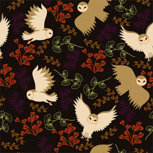 谷仓猫头鹰和小树枝的无缝图案。矢量图形。图片下载