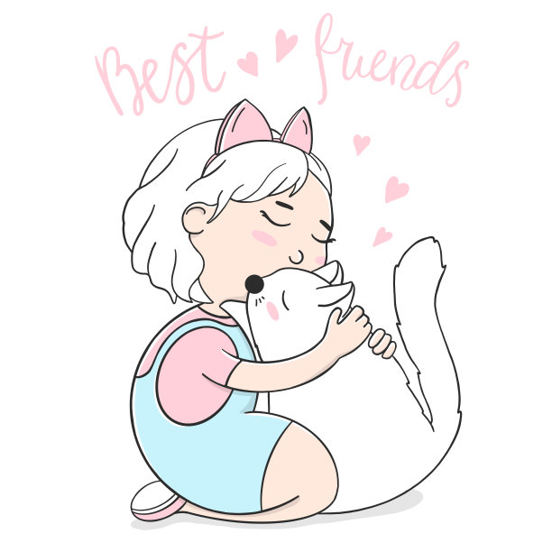 可爱的女孩抱着一只白猫。矢量插图上的白色背景。图片下载