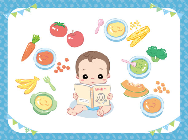 婴儿阅读一本婴儿喂养指南。特色蔬菜，浓汤。图片下载