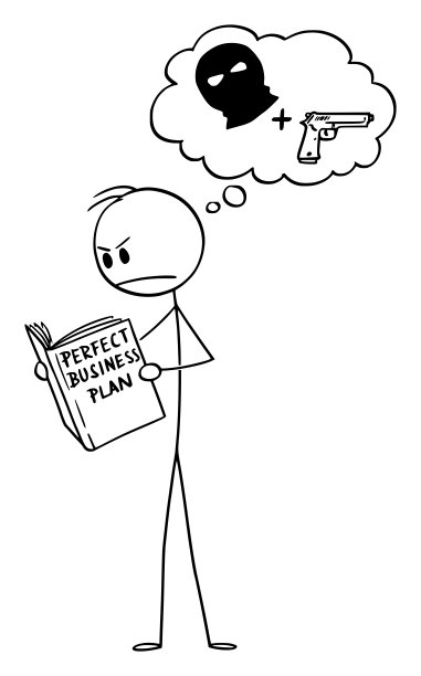 矢量漫画插图的商人阅读无用的书关于如何创造完美的商业计划和认为犯罪会更好图片下载