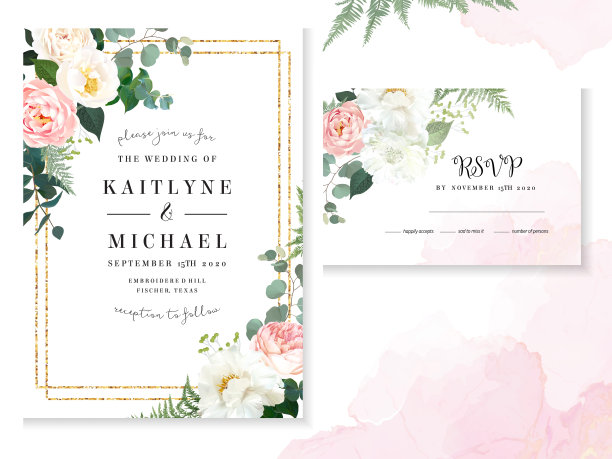 复古精致的婚礼贺卡与粉色水彩纹理和鲜花图片下载