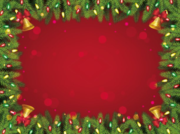 红色和绿色的圣诞背景-装饰松树树枝长方形框架图片下载