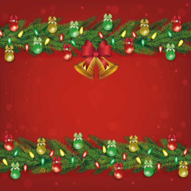 红色的圣诞装饰横幅模板与绿色的圣诞树树枝图片下载