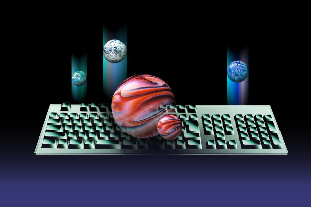 人工智能和纳米技术的原子图像。键盘上有一个红色的原子。图片下载