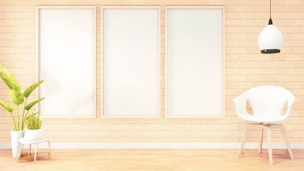 海报框，阁楼室内设计白色沙发，橙色砖墙设计。三维渲染图片下载