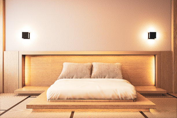 卧室室内设计与墙壁设计暗光地板木制。三维渲染图片下载