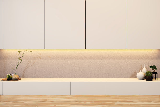 设计橱柜搁板木制日式风格的空房间，最小。3d渲染图片下载