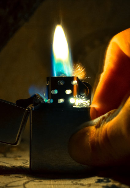 特写散焦镜头的打火机给蓝色和黄色的光和火花在男性的手在黑暗的背景。图片下载