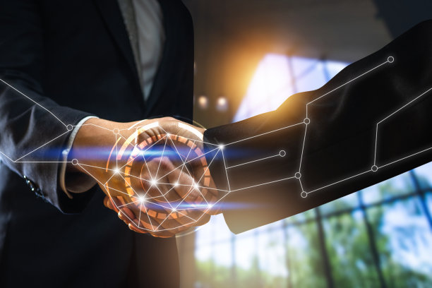 握手与技术理念，商家与合作伙伴握手与连线图片下载