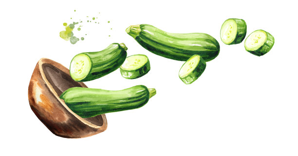 一碗新鲜的西葫芦蔬菜。手绘水平水彩插图，孤立在白色的背景图片下载