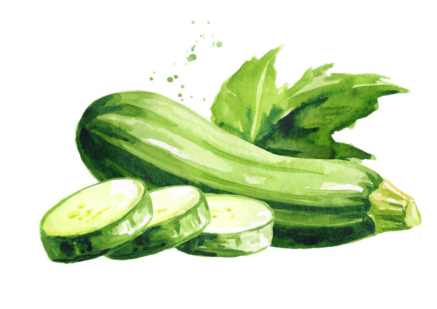 绿切西葫芦，带叶。手绘水彩插图，孤立的白色背景图片下载