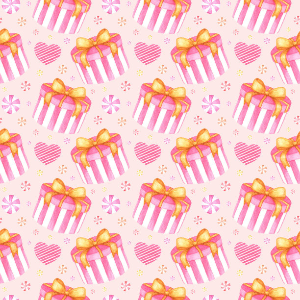 手绘无缝模式与水彩粉色礼盒，心和糖果在米色背景为节日和情人节设计图片下载