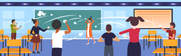 学生展示不良行为，扔纸，在课上嘲笑和戏弄女老师，欺负公众，不赞成概念，学校教室内部水平图片下载