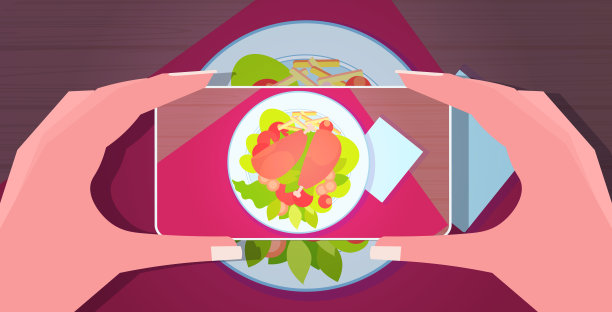 美食博主使用智能手机拍摄新鲜菜肴的照片，为博客社交媒体博客的概念水平图片下载